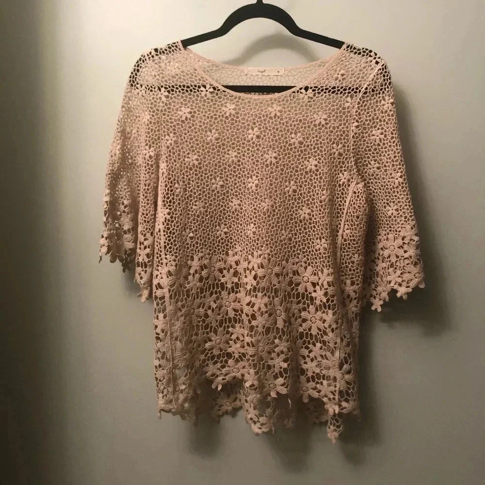 Hazel crochet lace top beige m medium boho tan